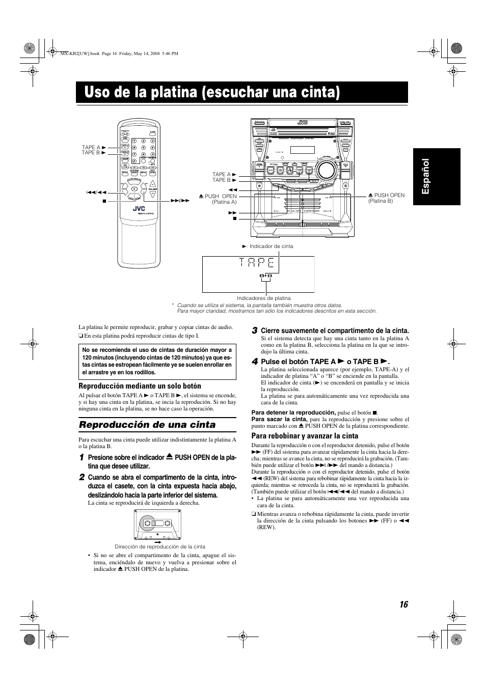 Uso de la platina (escuchar una cinta), 16 español, Reproducción de una cinta | JVC MX-KB1 MX-KB2 User Manual | Page 45 / 82