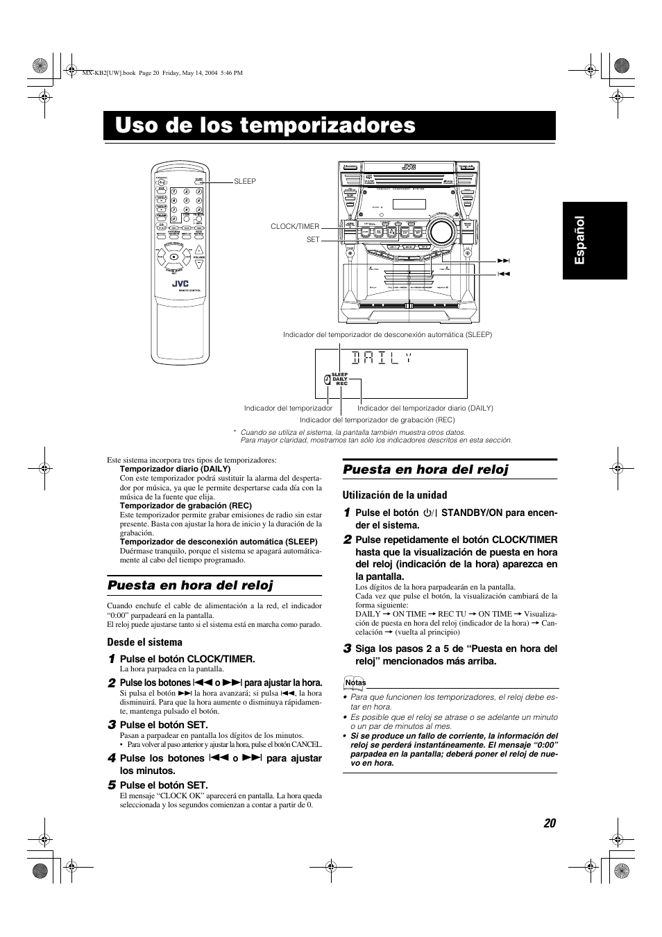 Uso de los temporizadores, 20 español, Puesta en hora del reloj | JVC MX-KB1 MX-KB2 User Manual | Page 49 / 82