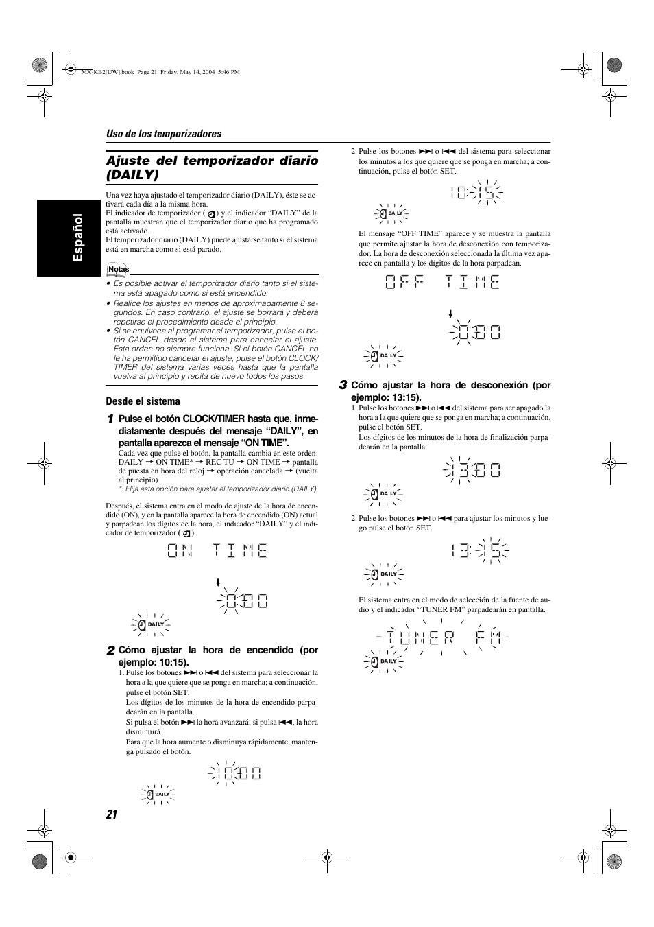 Español ajuste del temporizador diario (daily) | JVC MX-KB1 MX-KB2 User Manual | Page 50 / 82