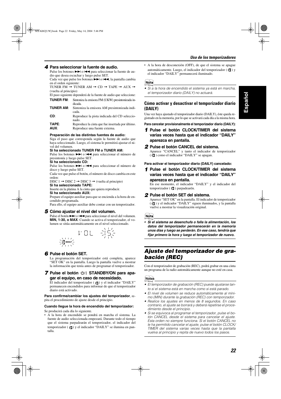 Español 4, Ajuste del temporizador de gra- bación (rec) | JVC MX-KB1 MX-KB2 User Manual | Page 51 / 82