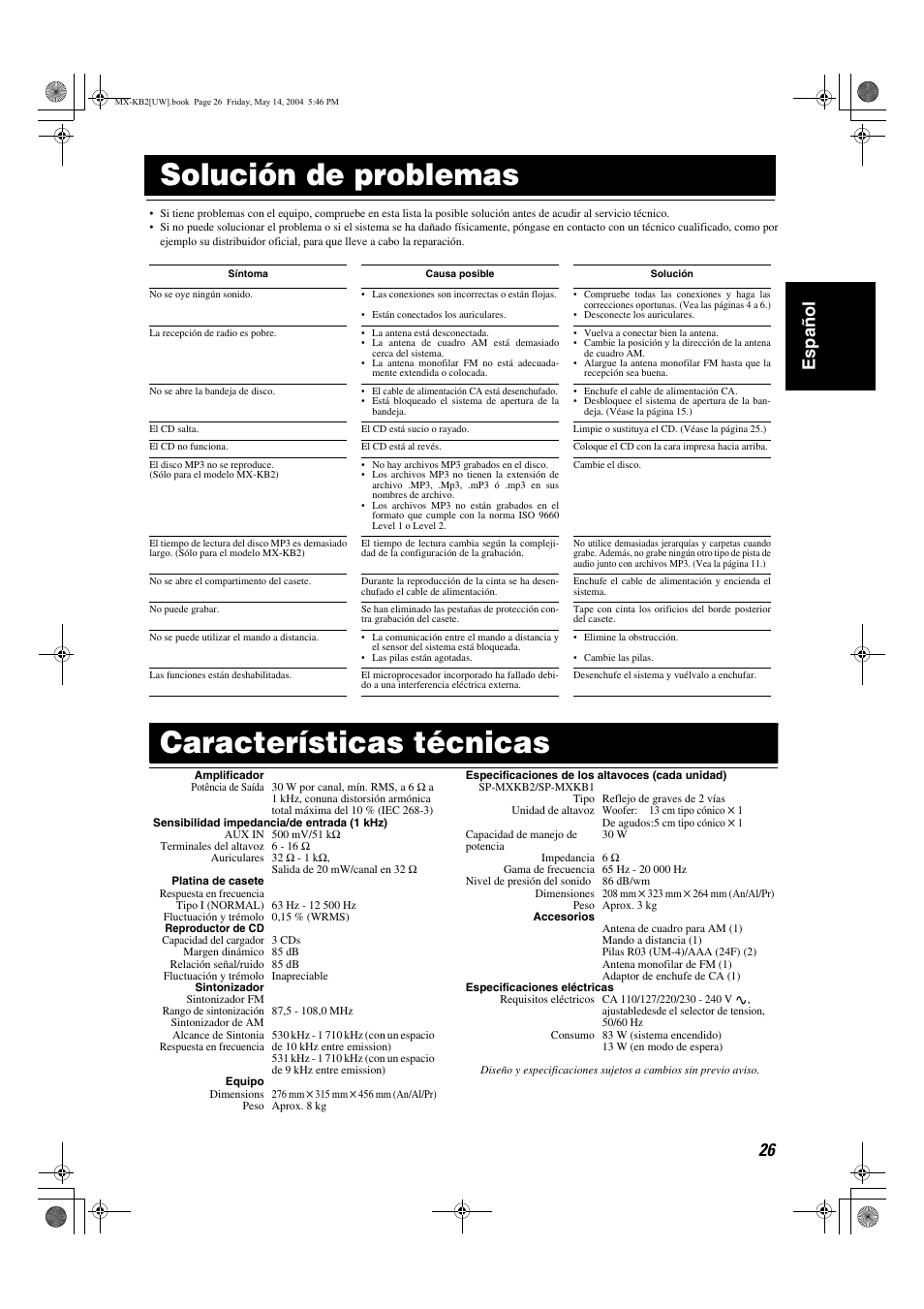 Solución de problemas, Características técnicas, 26 español | JVC MX-KB1 MX-KB2 User Manual | Page 55 / 82