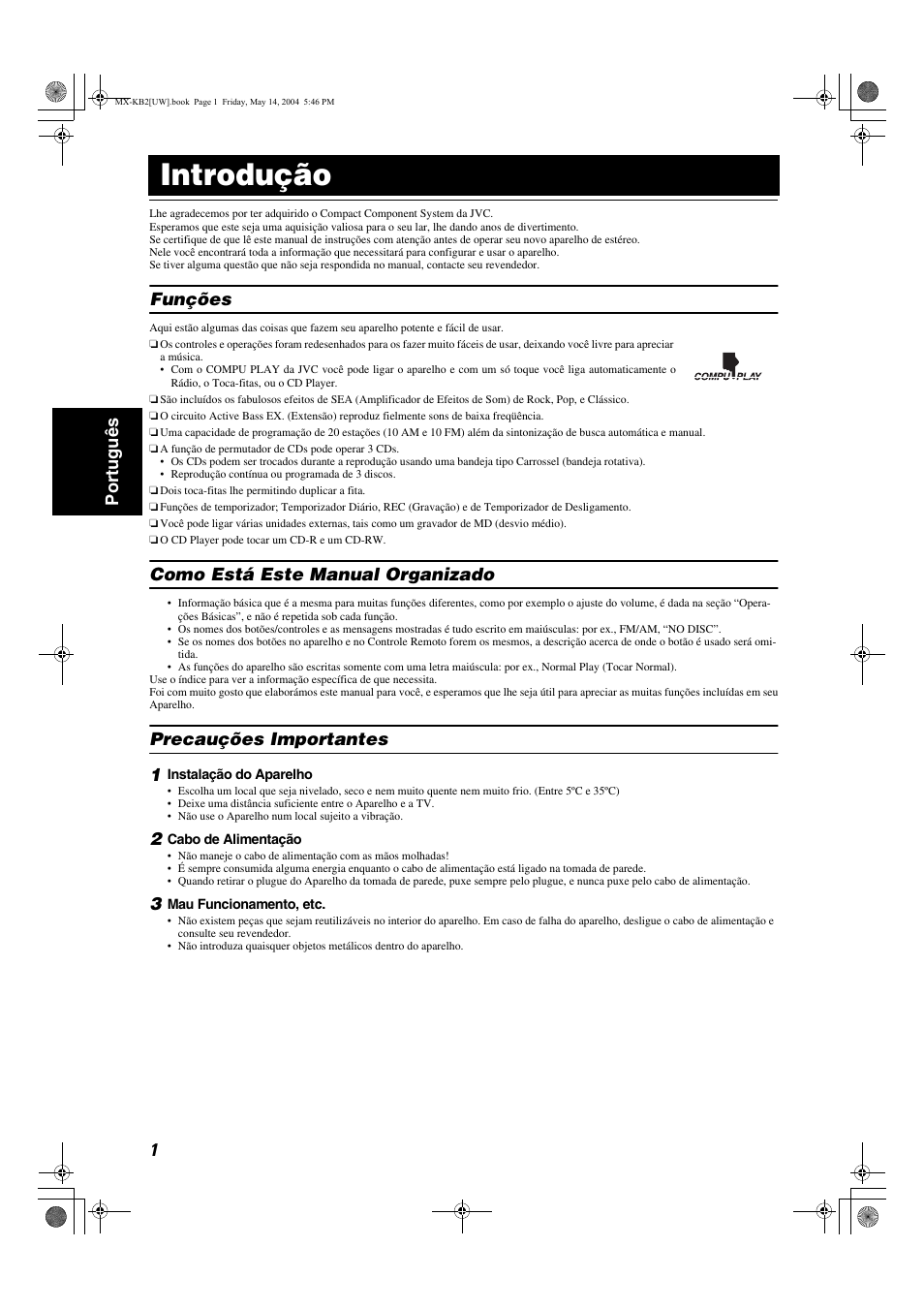 Introdução, 1port uguês, Funções | Como está este manual organizado, Precauções importantes 1 | JVC MX-KB1 MX-KB2 User Manual | Page 56 / 82