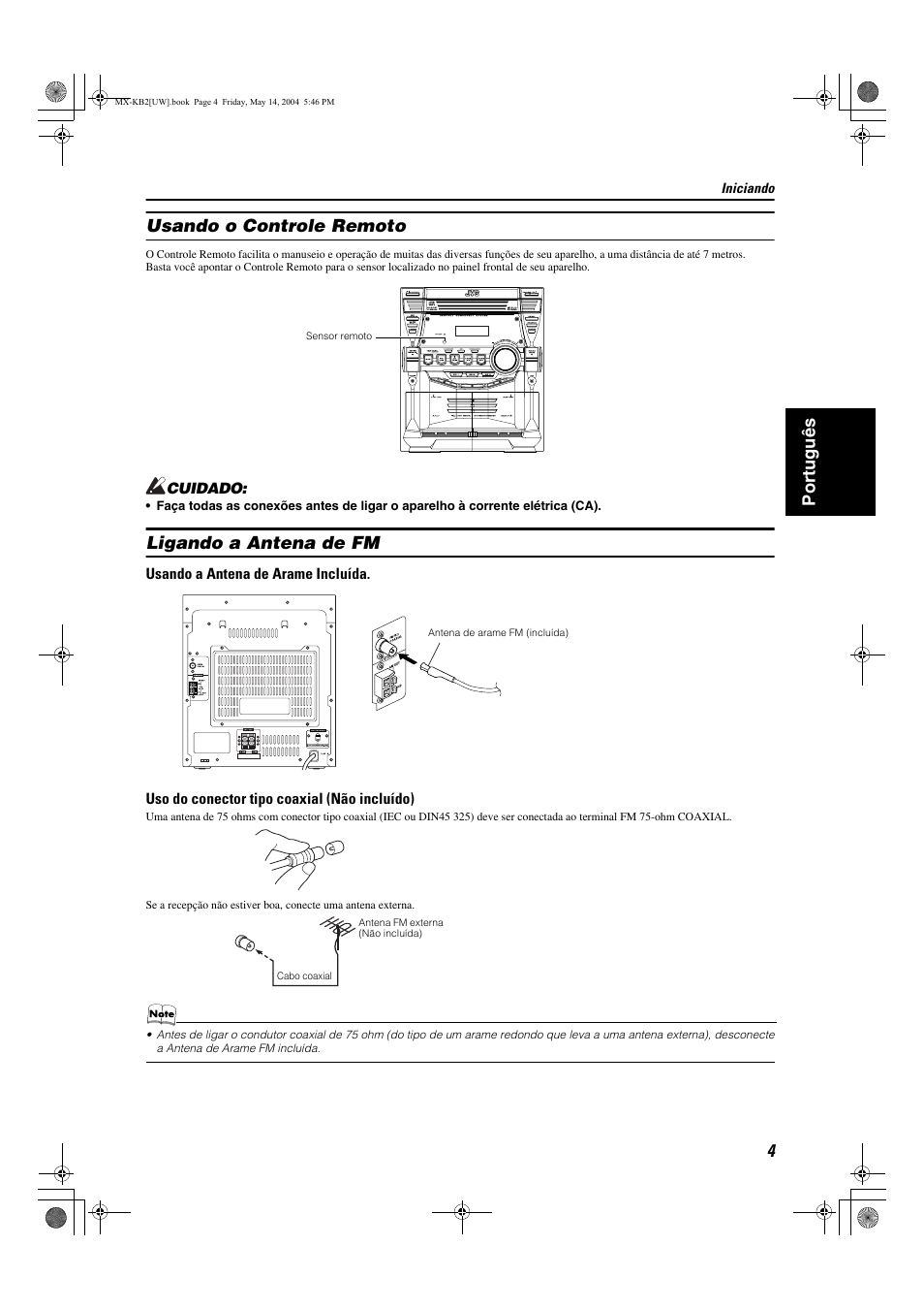 Port uguês usando o controle remoto, Ligando a antena de fm | JVC MX-KB1 MX-KB2 User Manual | Page 59 / 82