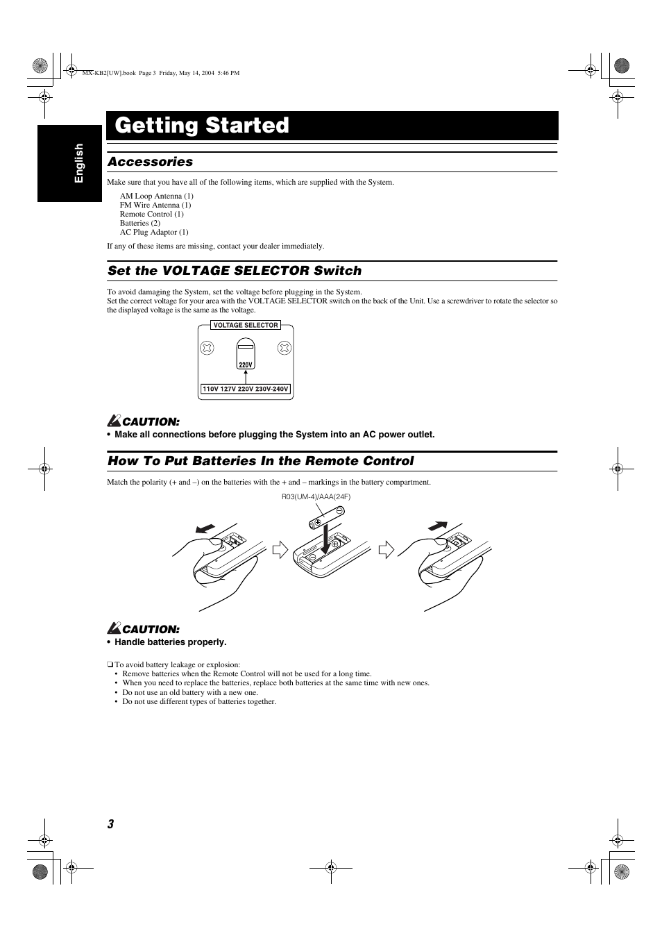 Getting started, Accessories, Set the voltage selector switch | How to put batteries in the remote control | JVC MX-KB1 MX-KB2 User Manual | Page 6 / 82