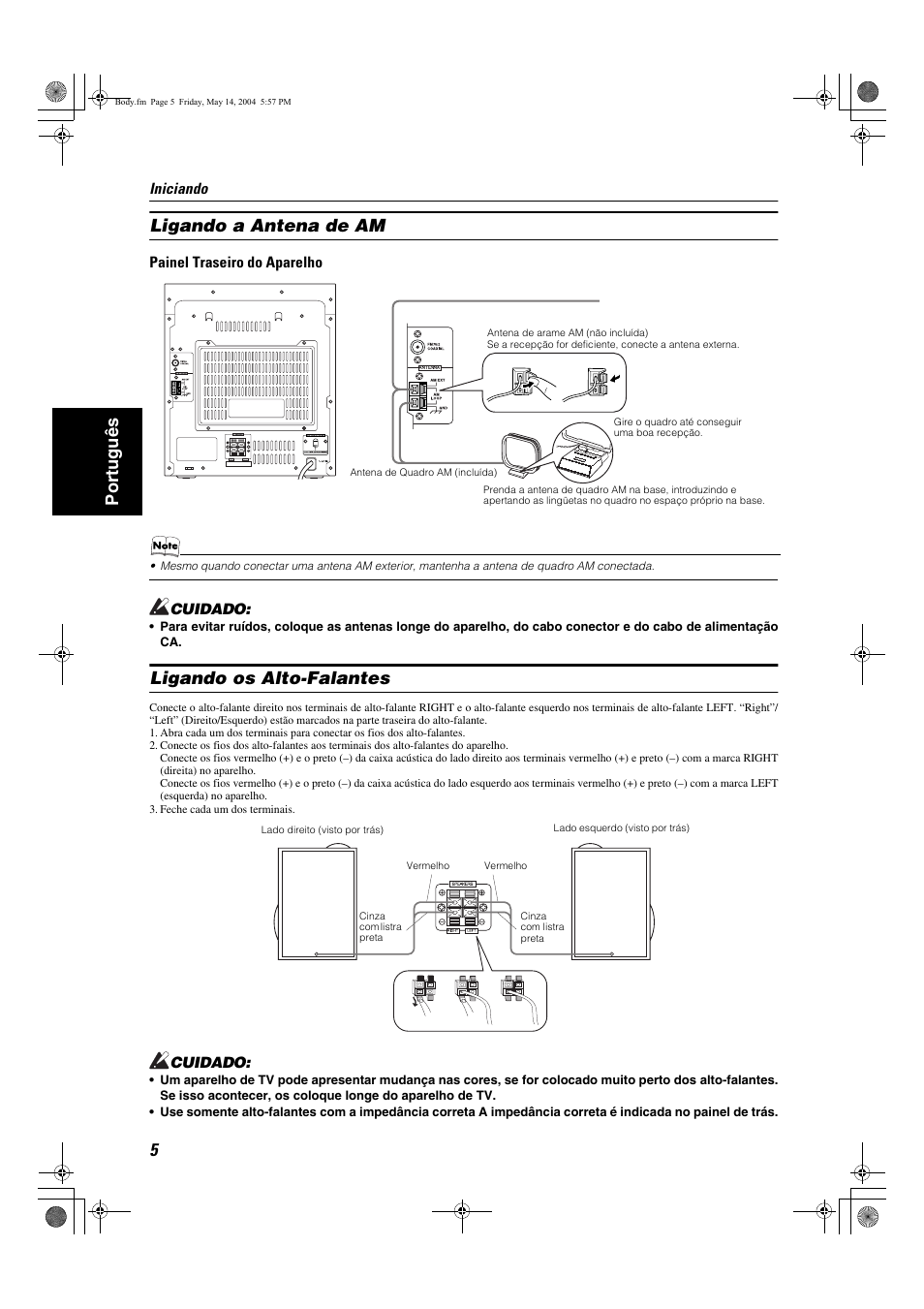 Port uguês ligando a antena de am, Ligando os alto-falantes | JVC MX-KB1 MX-KB2 User Manual | Page 60 / 82