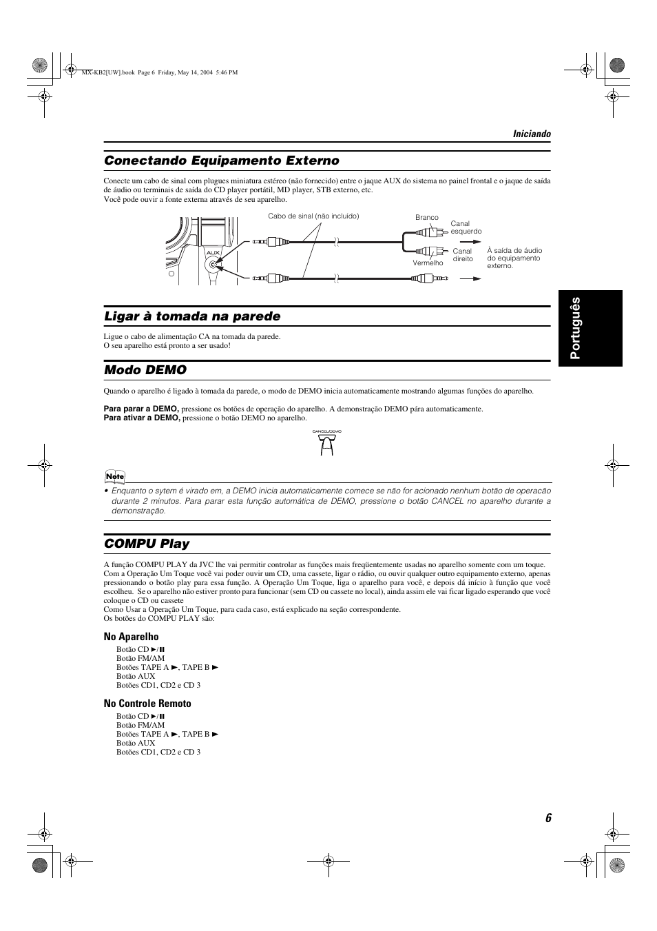 Port uguês conectando equipamento externo, Ligar à tomada na parede, Modo demo | Compu play | JVC MX-KB1 MX-KB2 User Manual | Page 61 / 82