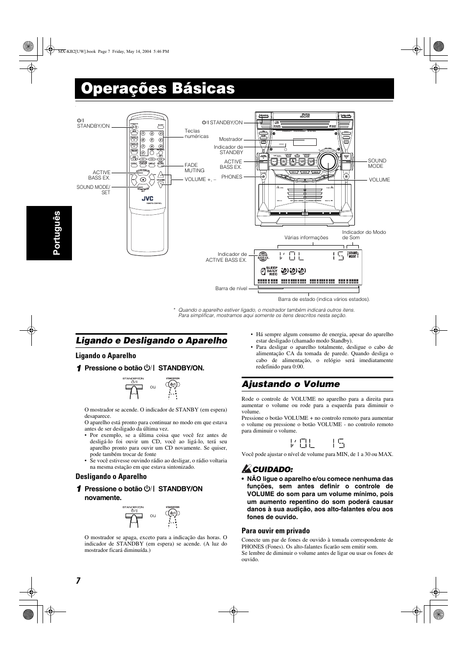 Operações básicas, 7port uguês, Ligando e desligando o aparelho | Ajustando o volume | JVC MX-KB1 MX-KB2 User Manual | Page 62 / 82