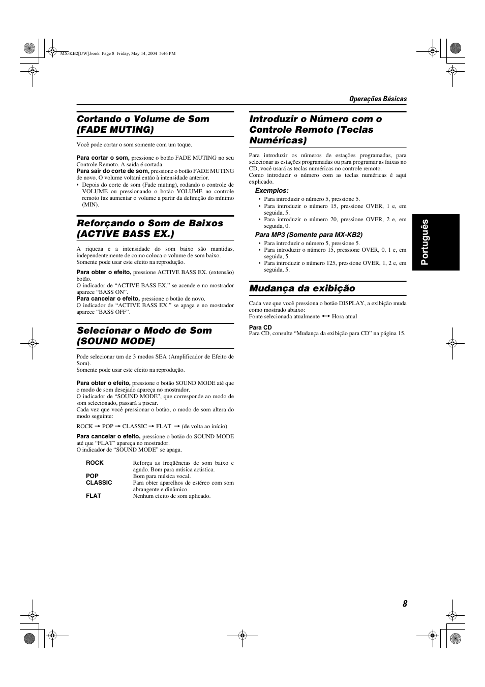 Port uguês cortando o volume de som (fade muting), Reforçando o som de baixos (active bass ex.), Selecionar o modo de som (sound mode) | Mudança da exibição | JVC MX-KB1 MX-KB2 User Manual | Page 63 / 82