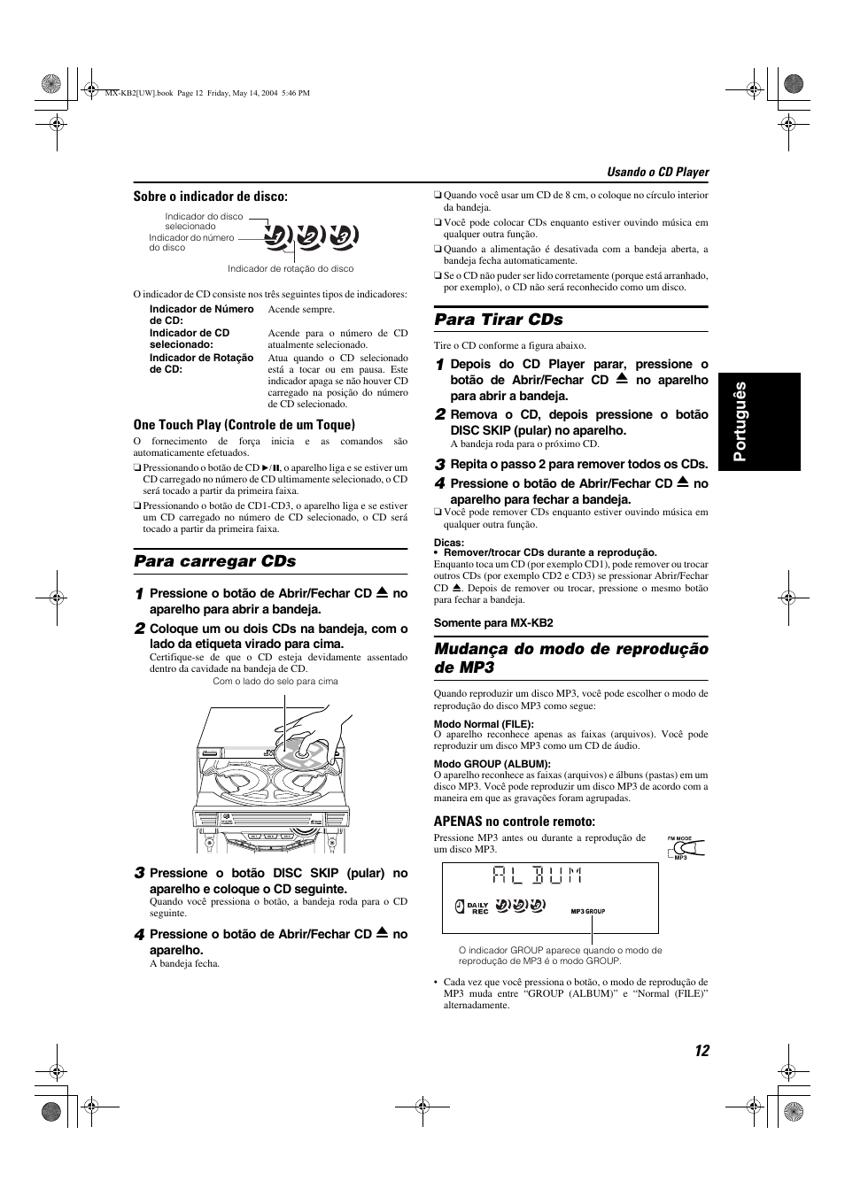 Port uguês, Para carregar cds 1, Para tirar cds | Mudança do modo de reprodução de mp3 | JVC MX-KB1 MX-KB2 User Manual | Page 67 / 82