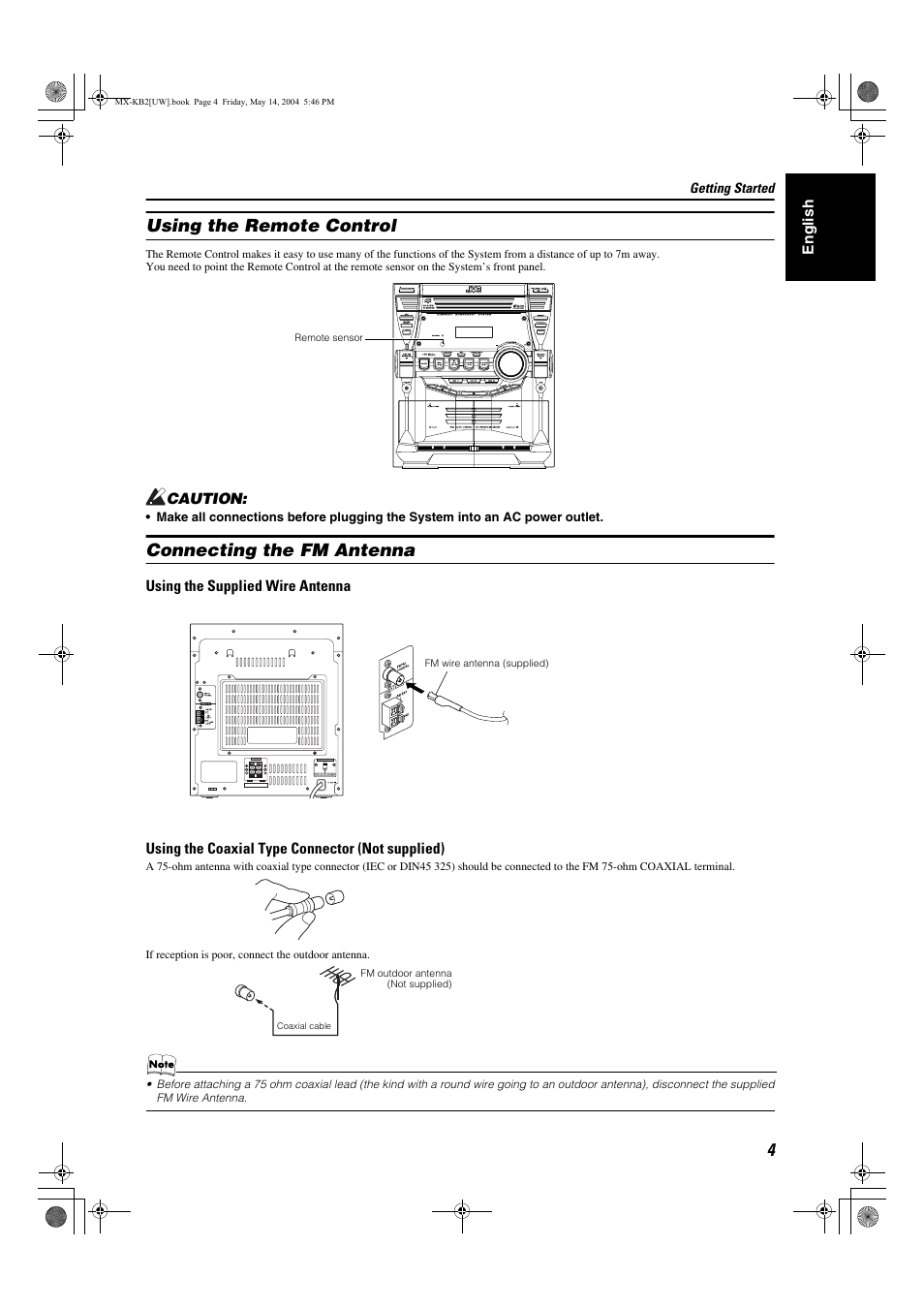 Using the remote control, Connecting the fm antenna | JVC MX-KB1 MX-KB2 User Manual | Page 7 / 82