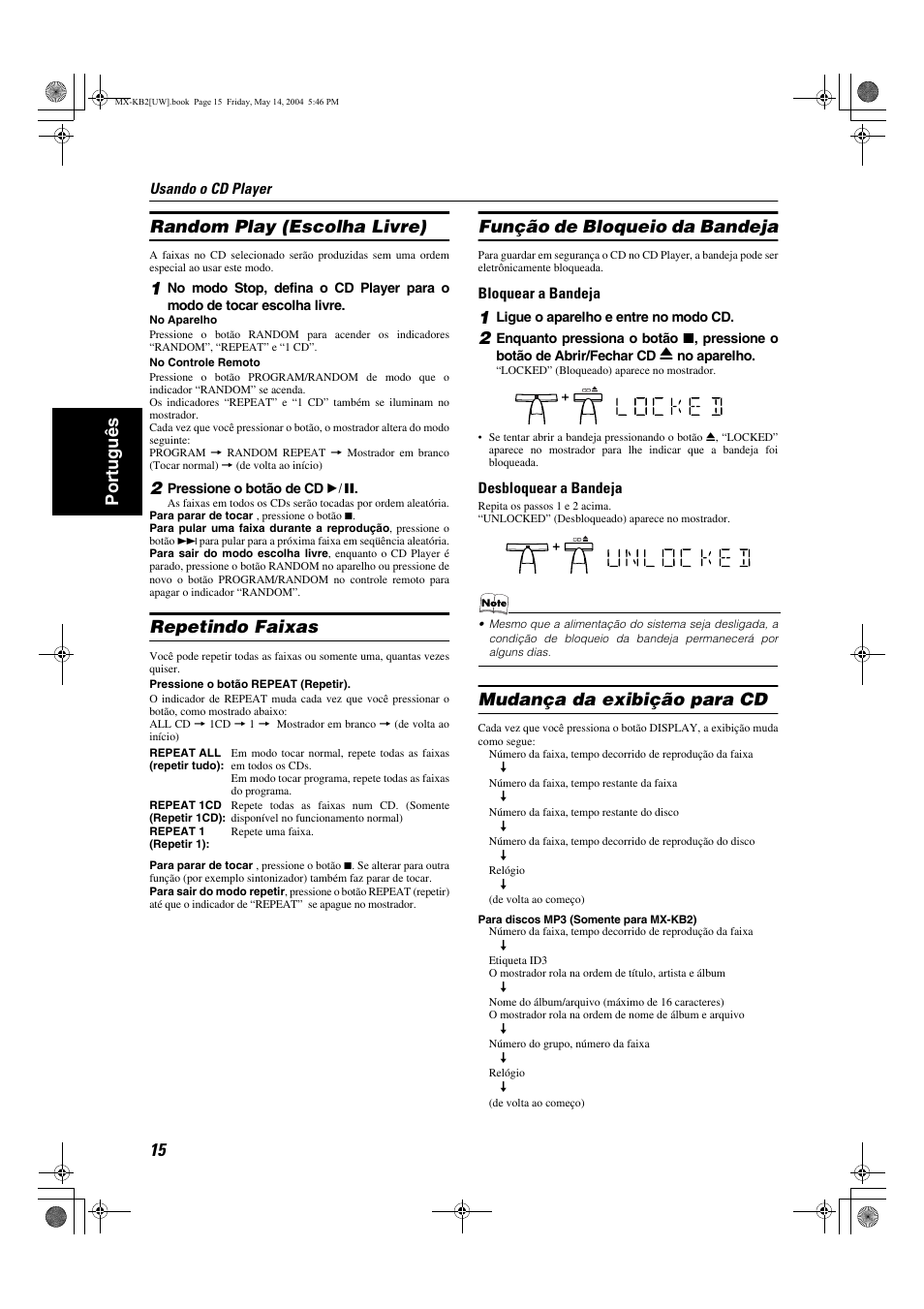 Port uguês random play (escolha livre), Repetindo faixas, Função de bloqueio da bandeja | Mudança da exibição para cd | JVC MX-KB1 MX-KB2 User Manual | Page 70 / 82