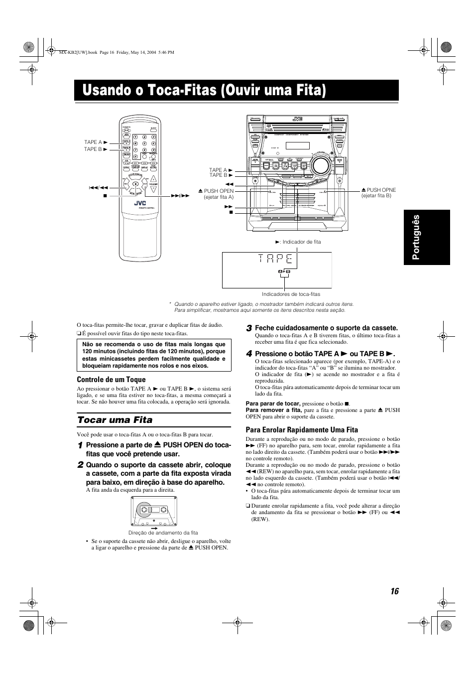 Usando o toca-fitas (ouvir uma fita), 16 port uguês, Tocar uma fita | JVC MX-KB1 MX-KB2 User Manual | Page 71 / 82