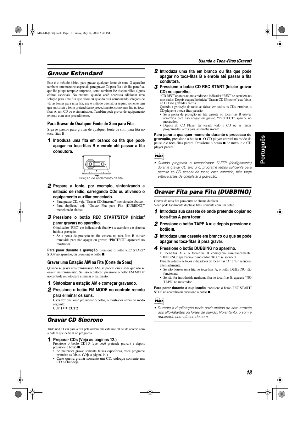 Port uguês gravar estandard, Gravar cd síncrono, Gravar fita para fita (dubbing) | JVC MX-KB1 MX-KB2 User Manual | Page 73 / 82