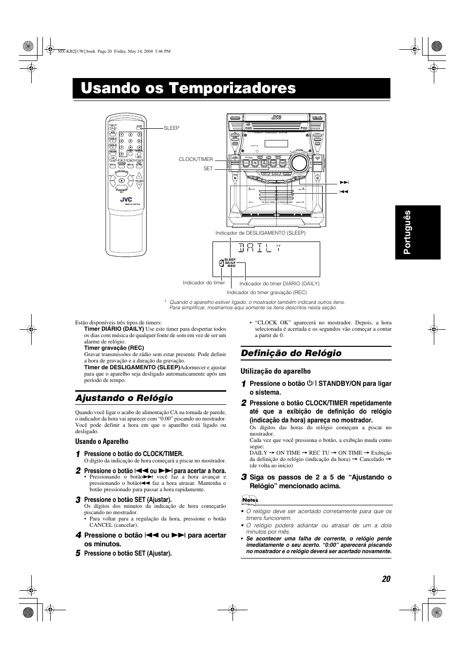 Usando os temporizadores, 20 port uguês, Ajustando o relógio | Definição do relógio | JVC MX-KB1 MX-KB2 User Manual | Page 75 / 82