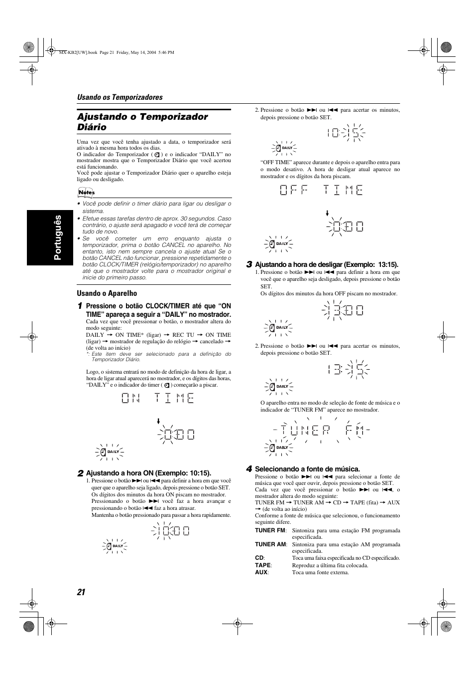 Port uguês ajustando o temporizador diário | JVC MX-KB1 MX-KB2 User Manual | Page 76 / 82