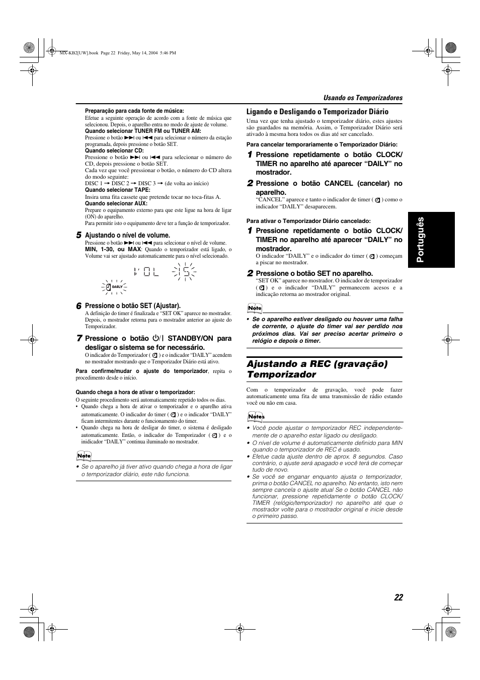 Port uguês, Ajustando a rec (gravação) temporizador | JVC MX-KB1 MX-KB2 User Manual | Page 77 / 82