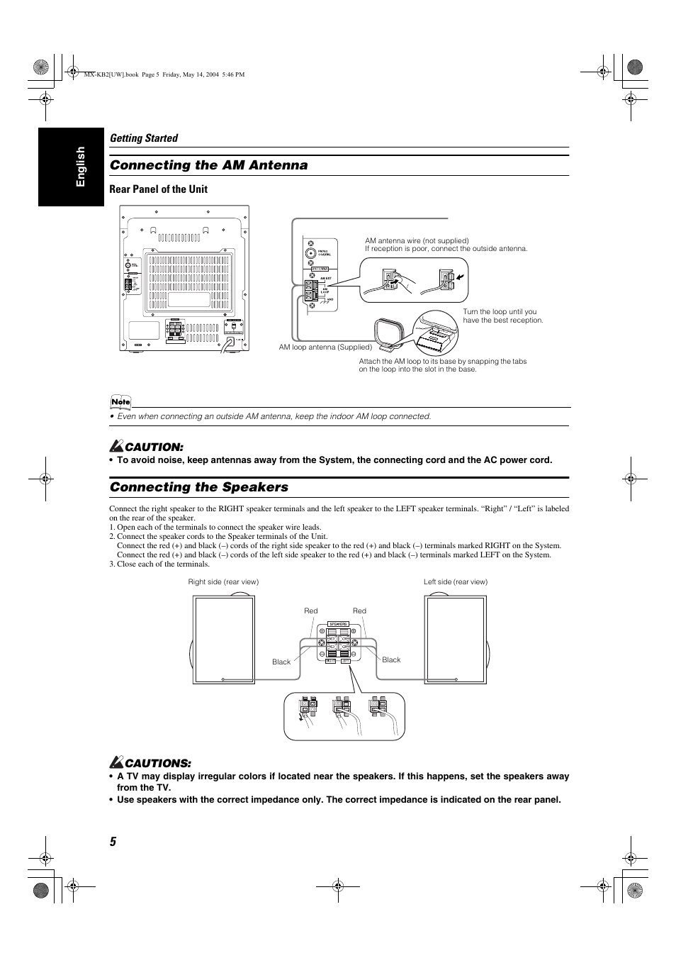 Connecting the am antenna, Connecting the speakers | JVC MX-KB1 MX-KB2 User Manual | Page 8 / 82