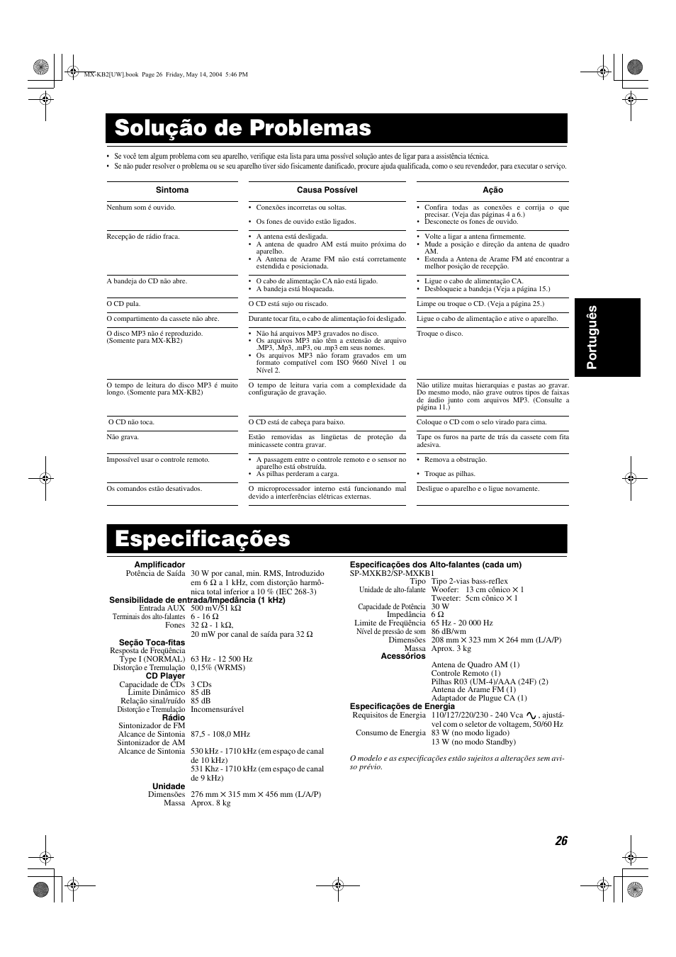 Solução de problemas, Especificações, 26 port uguês | JVC MX-KB1 MX-KB2 User Manual | Page 81 / 82