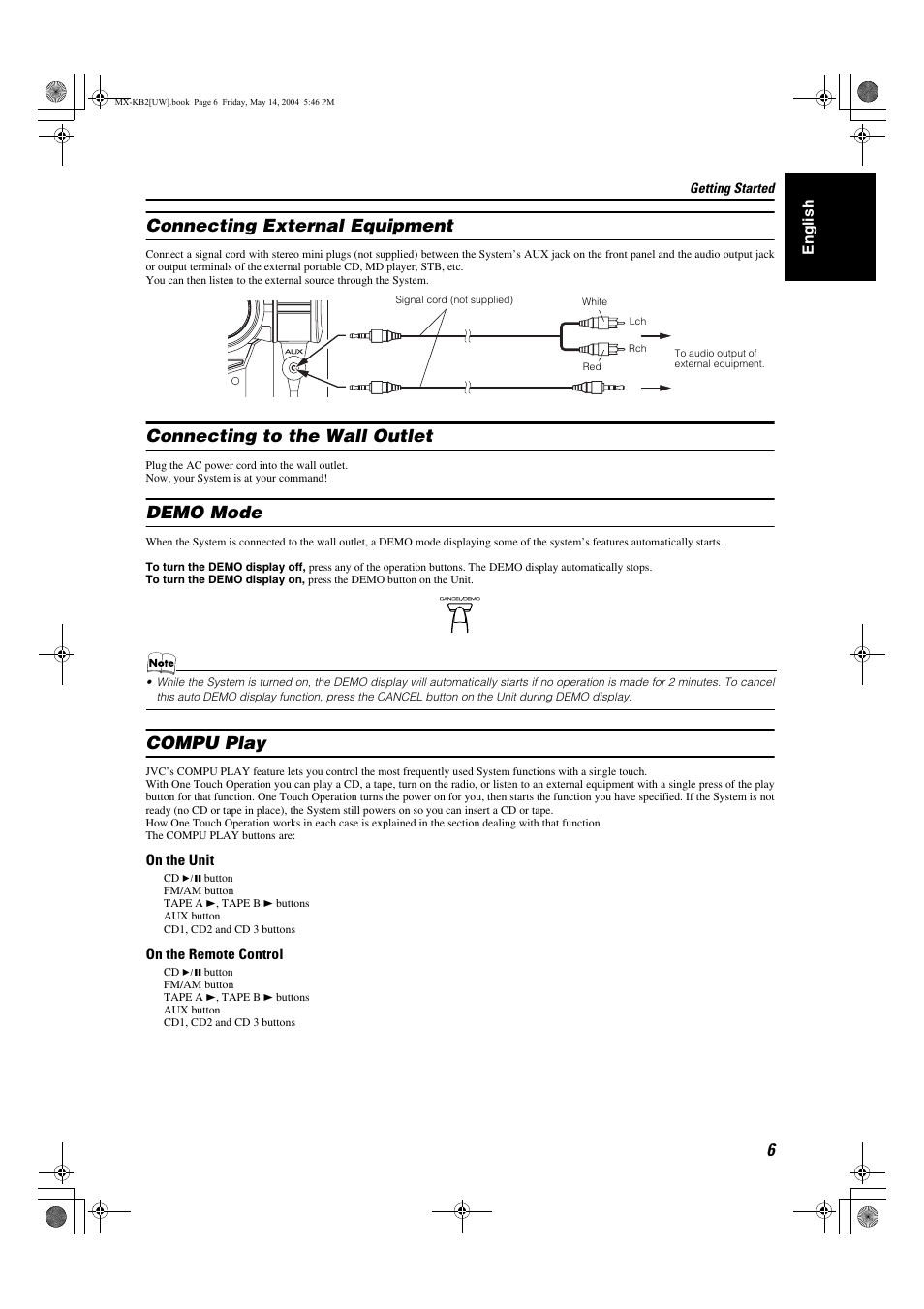 Connecting external equipment, Connecting to the wall outlet, Demo mode | Compu play | JVC MX-KB1 MX-KB2 User Manual | Page 9 / 82