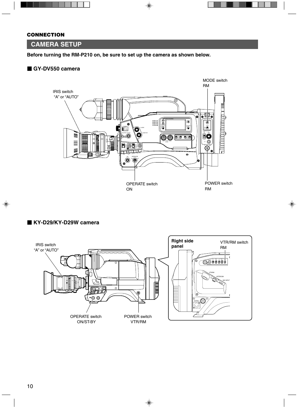 Camera setup, Connection, Right side panel | JVC RM-P210 User Manual | Page 10 / 32