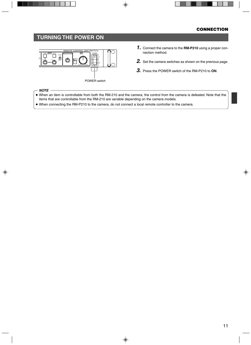 Turning the power on, Connection, Press the power switch of the rm-p210 to on | JVC RM-P210 User Manual | Page 11 / 32