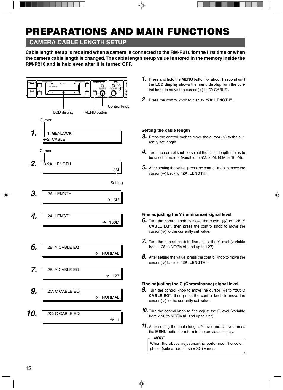 Preparations and main functions, Camera cable length setup | JVC RM-P210 User Manual | Page 12 / 32