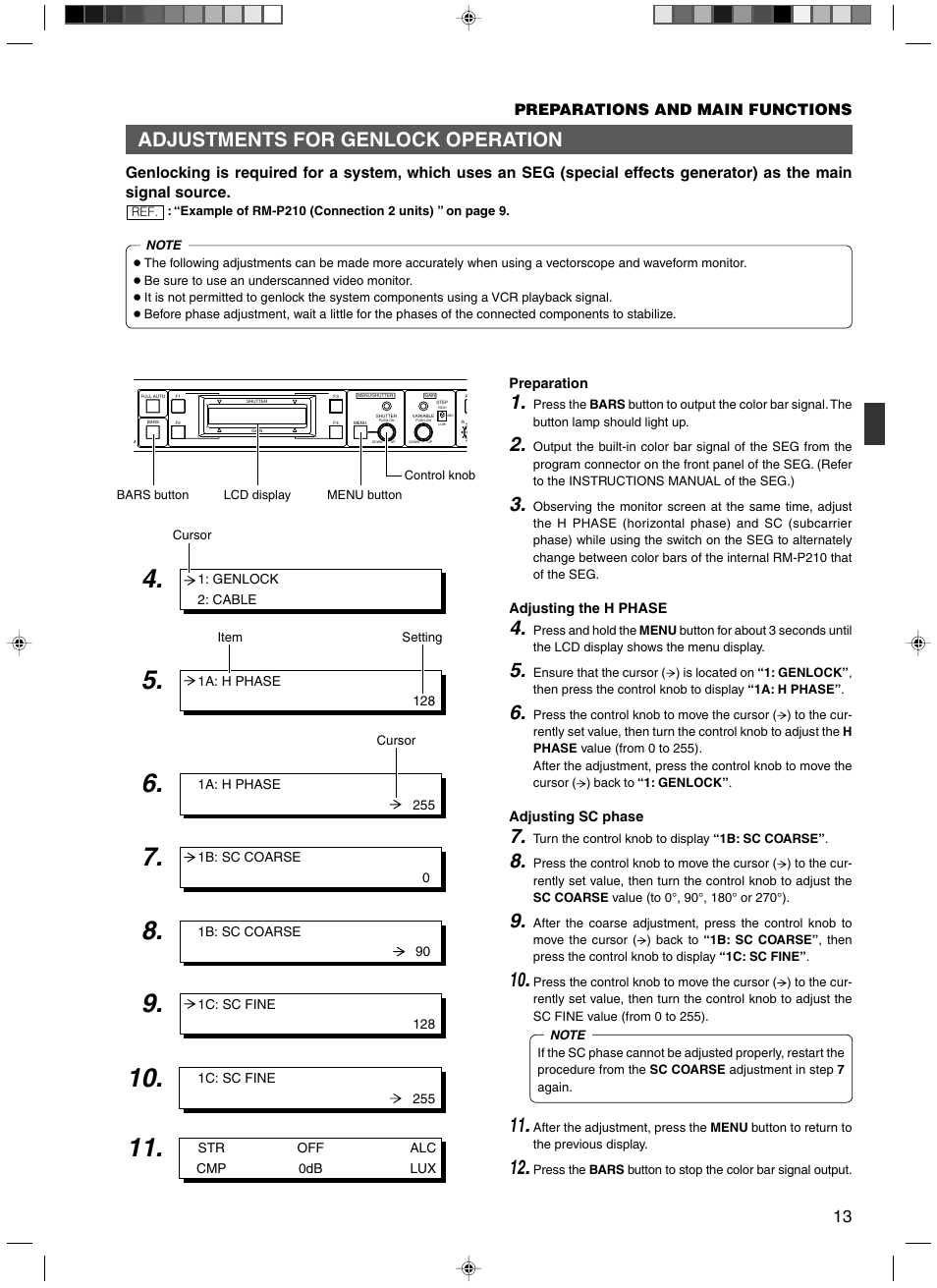 Adjustments for genlock operation | JVC RM-P210 User Manual | Page 13 / 32