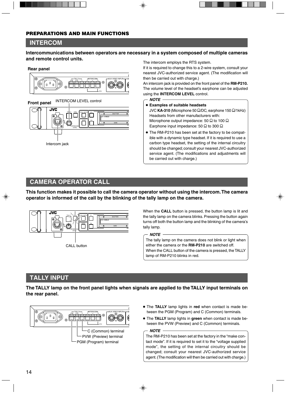 Intercom, Camera operator call, Tally input | Rear panel front panel, Intercom level control, Intercom jack, Call button | JVC RM-P210 User Manual | Page 14 / 32