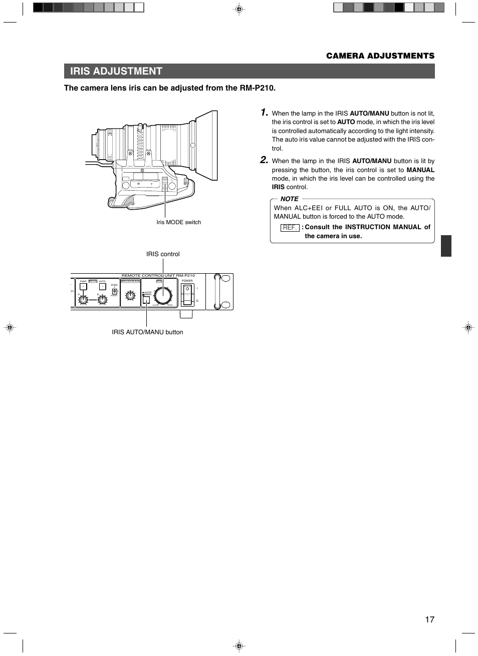 Iris adjustment, Iris auto/manu button iris control | JVC RM-P210 User Manual | Page 17 / 32