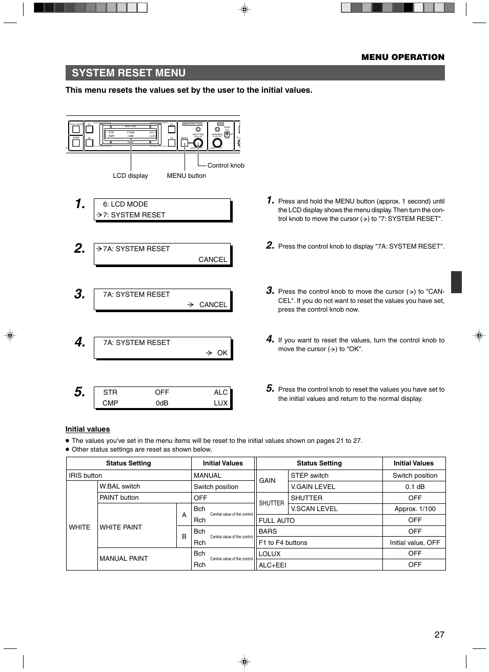 System reset menu, Menu operation | JVC RM-P210 User Manual | Page 27 / 32