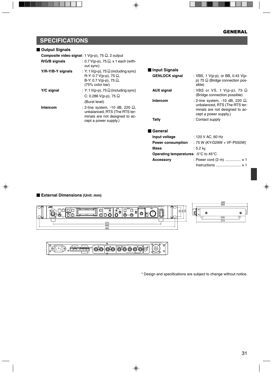 Specifications, General, Output signals | Input signals, External dimensions | JVC RM-P210 User Manual | Page 31 / 32