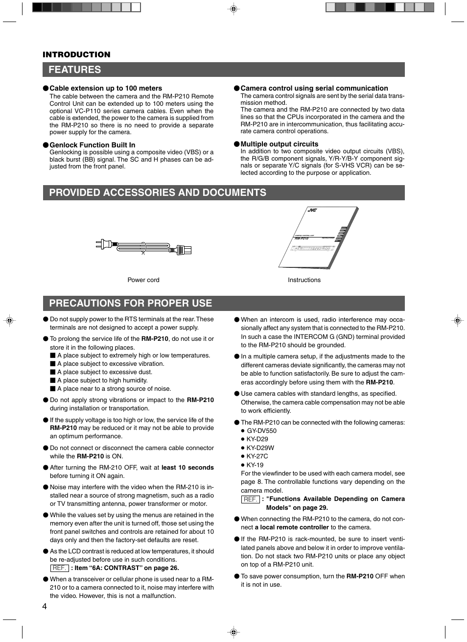 Features, Provided accessories and documents, Precautions for proper use | JVC RM-P210 User Manual | Page 4 / 32