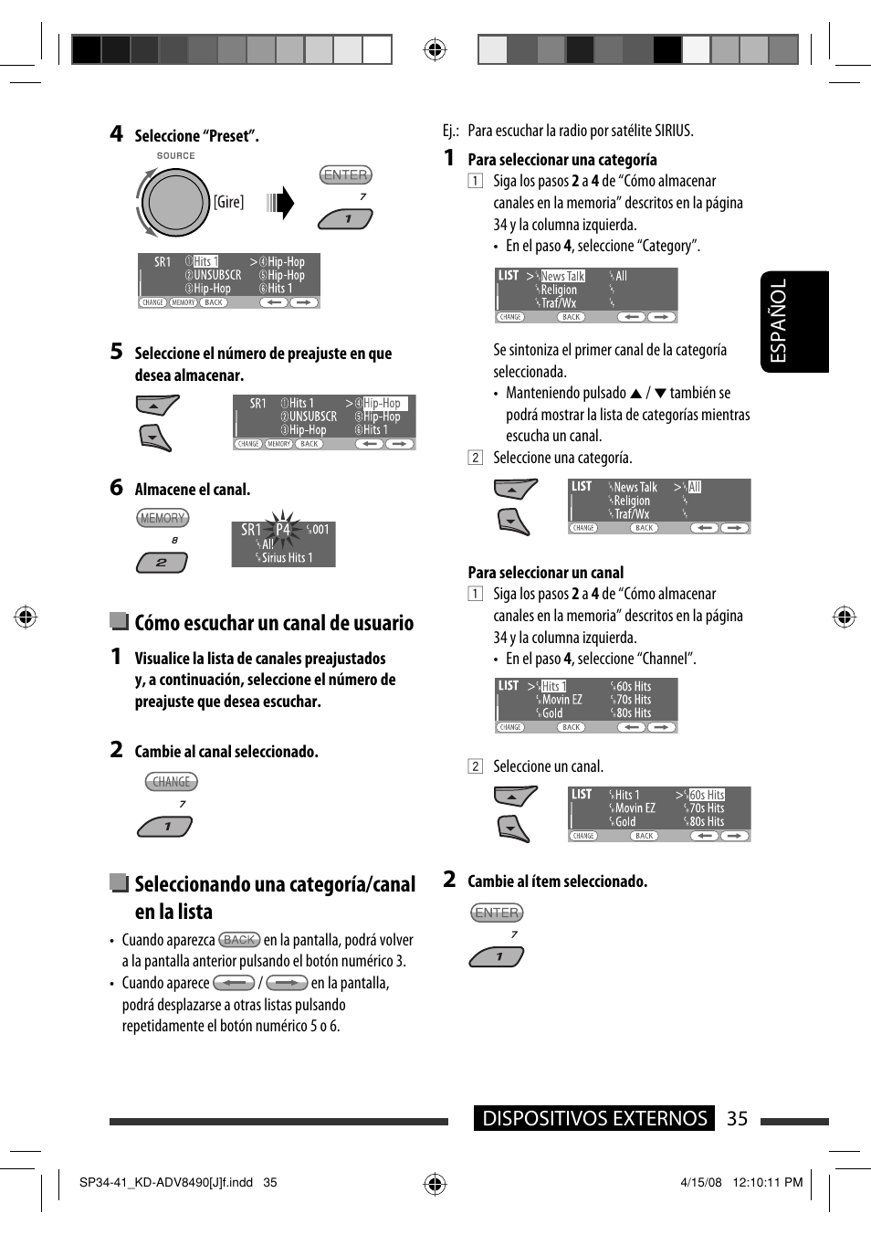 Cómo escuchar un canal de usuario, Seleccionando una categoría/canal en la lista | JVC KD-ADV8490 User Manual | Page 101 / 201