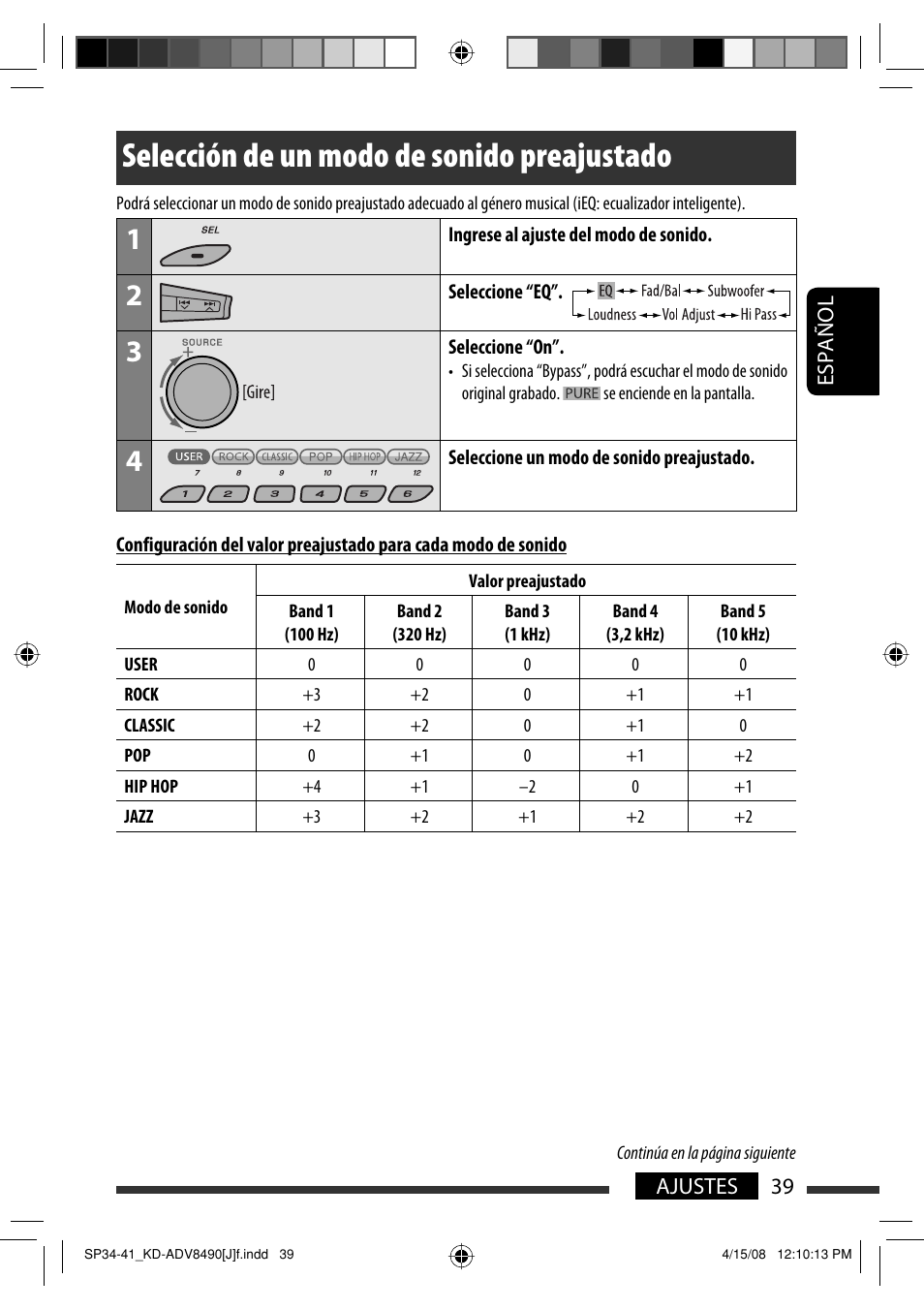 Selección de un modo de sonido preajustado | JVC KD-ADV8490 User Manual | Page 105 / 201