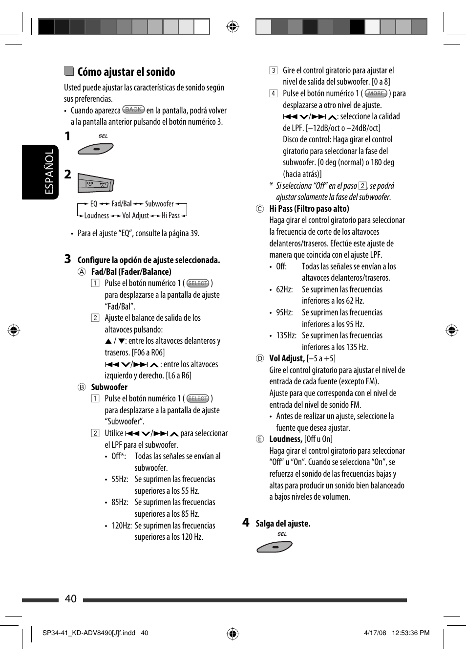 Cómo ajustar el sonido, 40 español | JVC KD-ADV8490 User Manual | Page 106 / 201