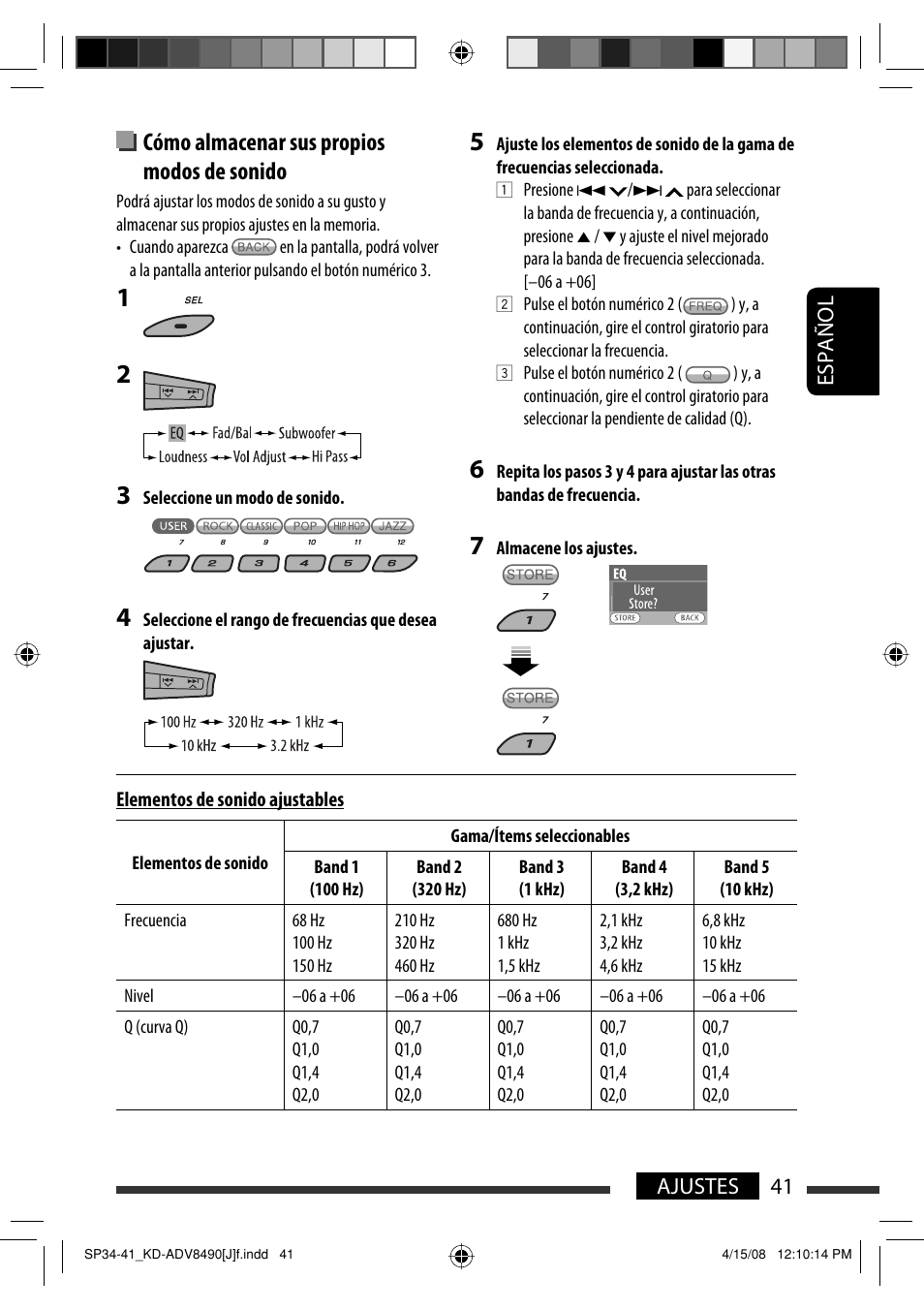 Cómo almacenar sus propios modos de sonido, 41 ajustes español | JVC KD-ADV8490 User Manual | Page 107 / 201