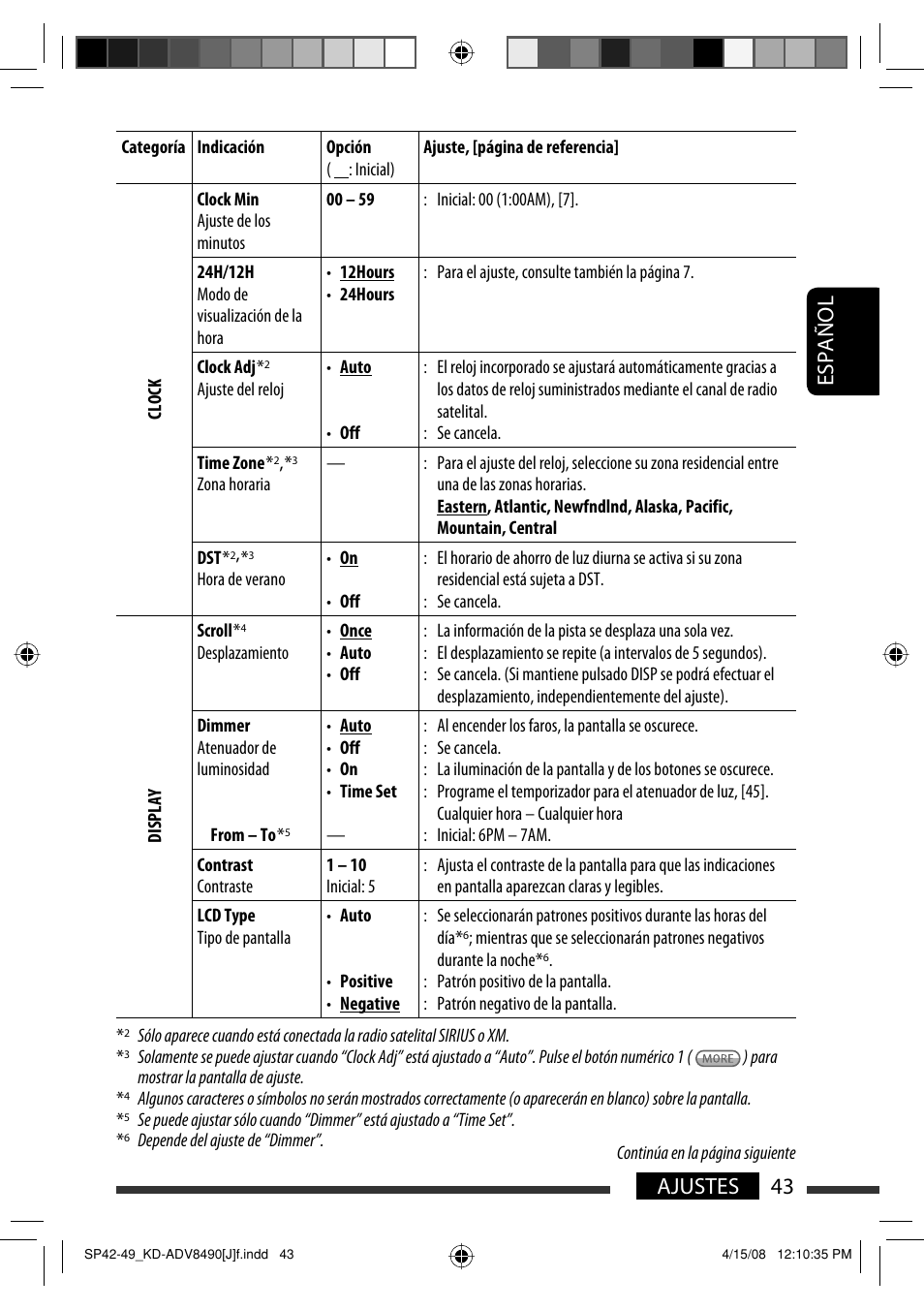 Español 43 ajustes | JVC KD-ADV8490 User Manual | Page 109 / 201