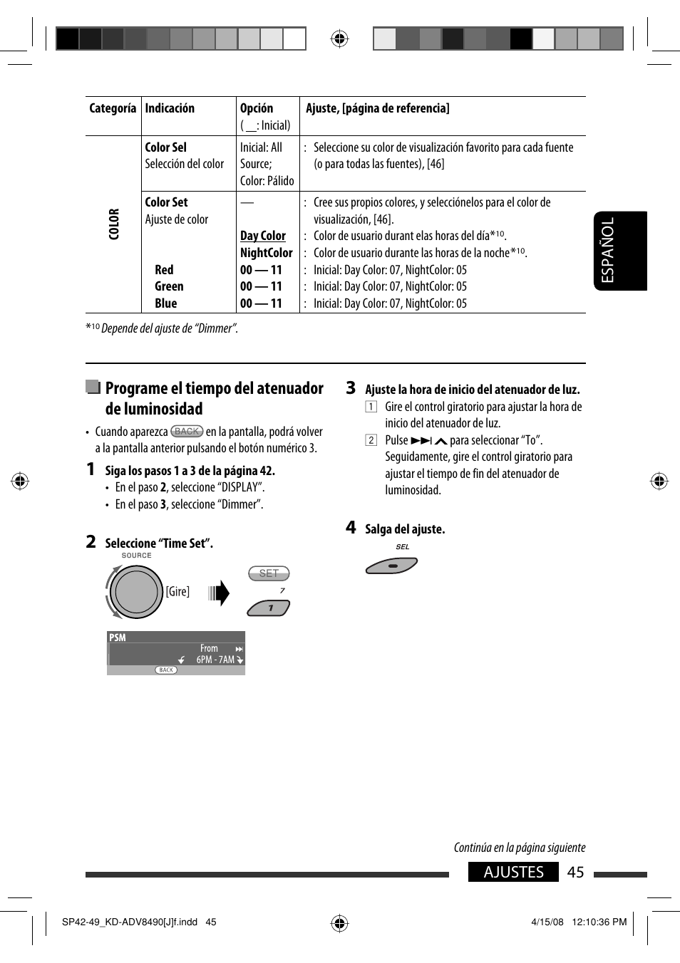 Programe el tiempo del atenuador de luminosidad, Español 45 ajustes | JVC KD-ADV8490 User Manual | Page 111 / 201