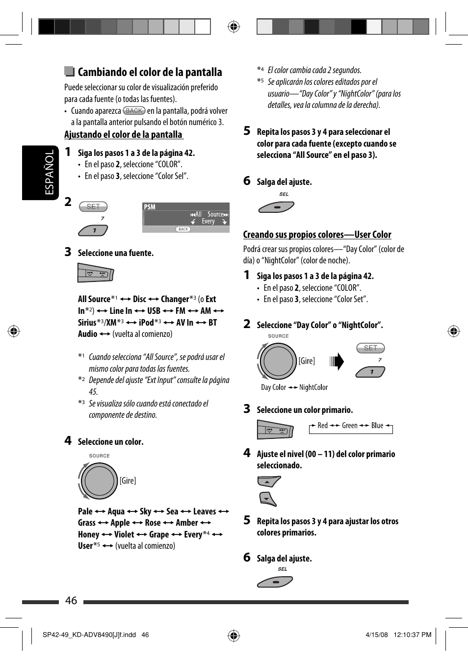 Cambiando el color de la pantalla, Español 46 | JVC KD-ADV8490 User Manual | Page 112 / 201