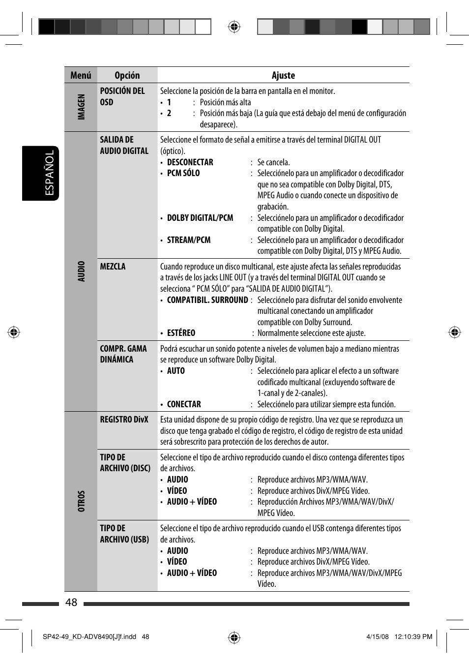 Español 48 | JVC KD-ADV8490 User Manual | Page 114 / 201