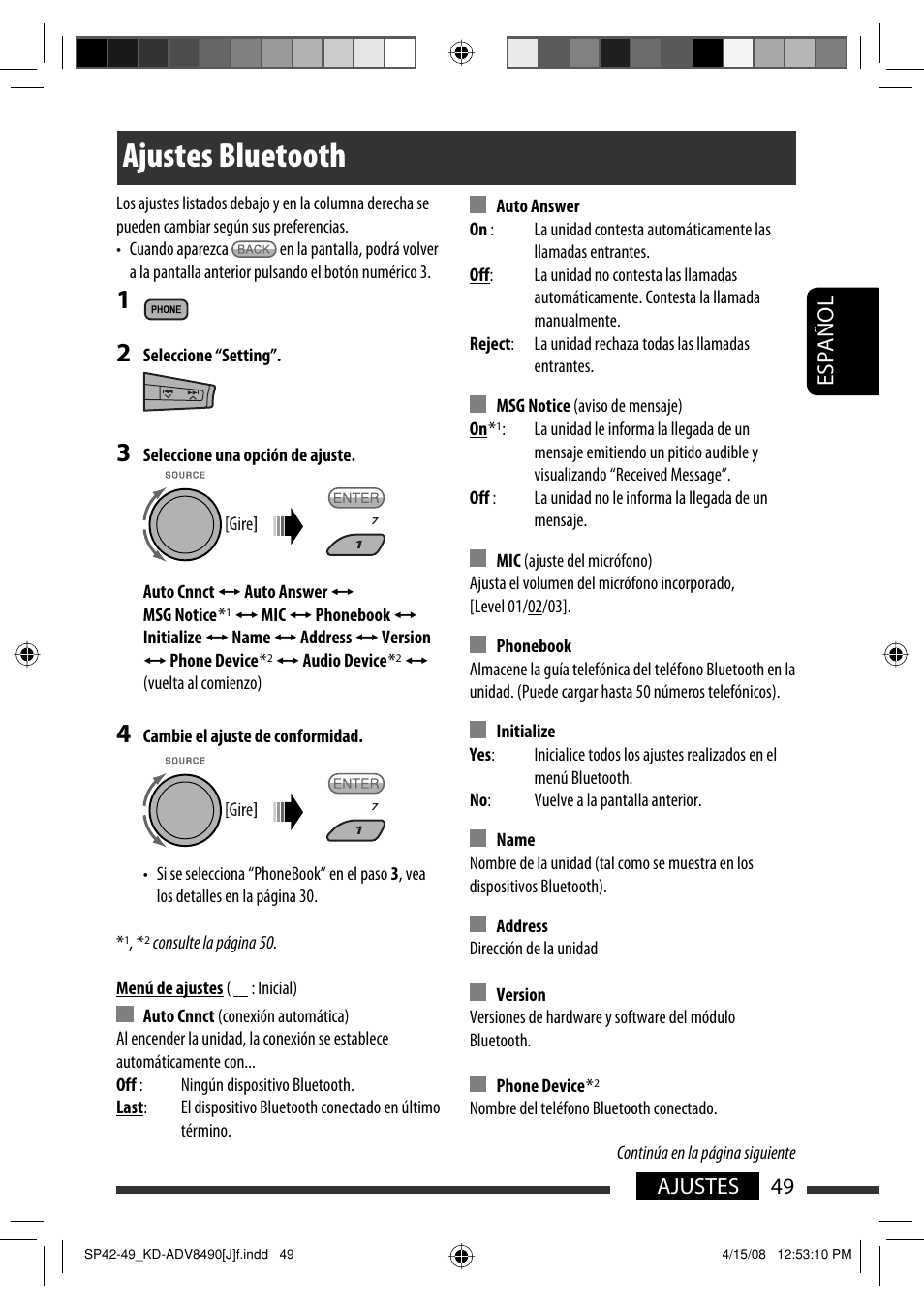 Ajustes bluetooth, Español 49 ajustes | JVC KD-ADV8490 User Manual | Page 115 / 201