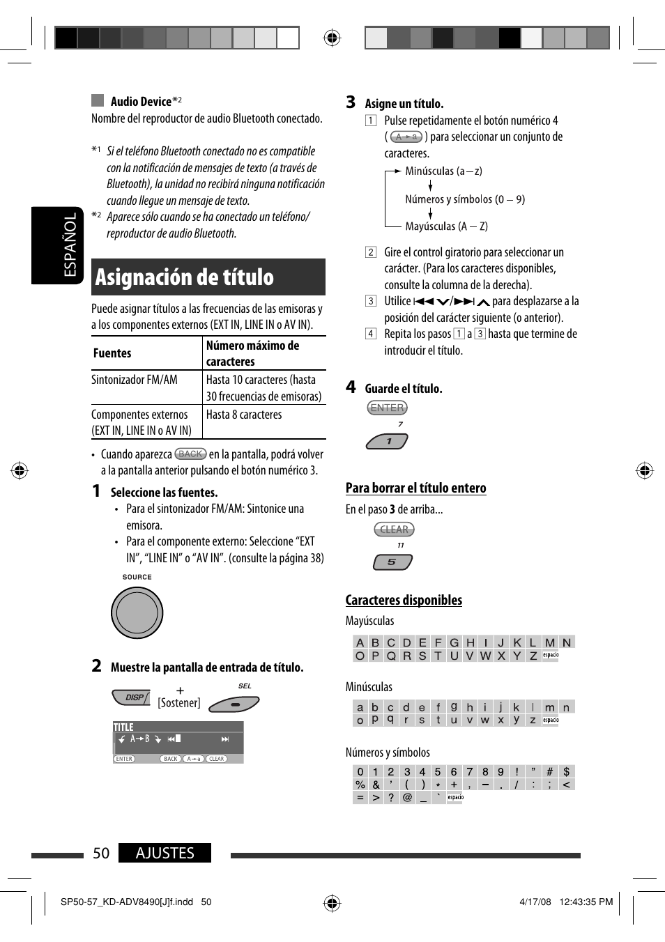Asignación de título, Español 50 ajustes | JVC KD-ADV8490 User Manual | Page 116 / 201