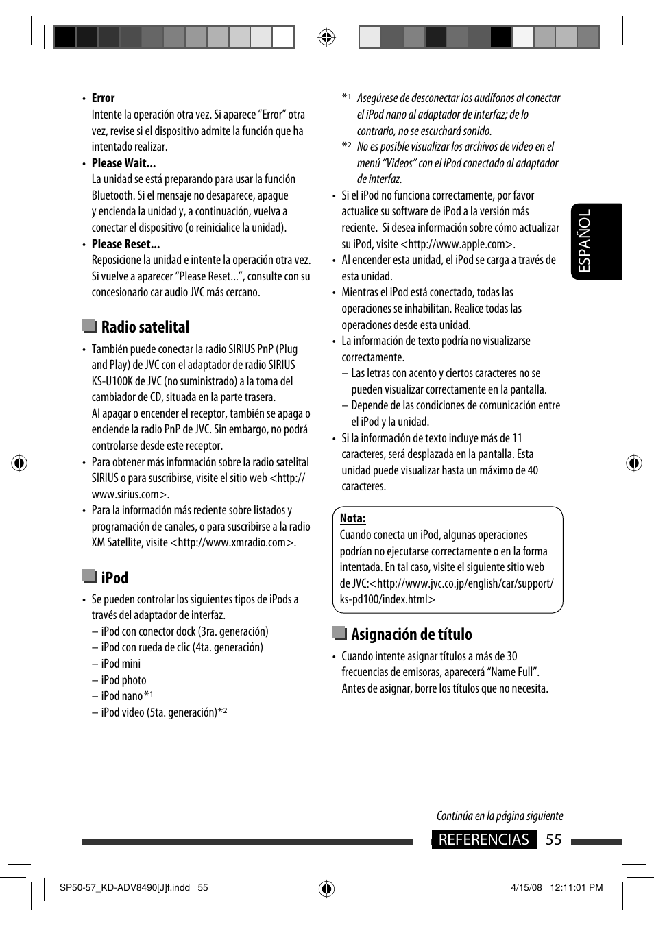 Asignación de título, Radio satelital, Ipod | Español 55 referencias | JVC KD-ADV8490 User Manual | Page 121 / 201