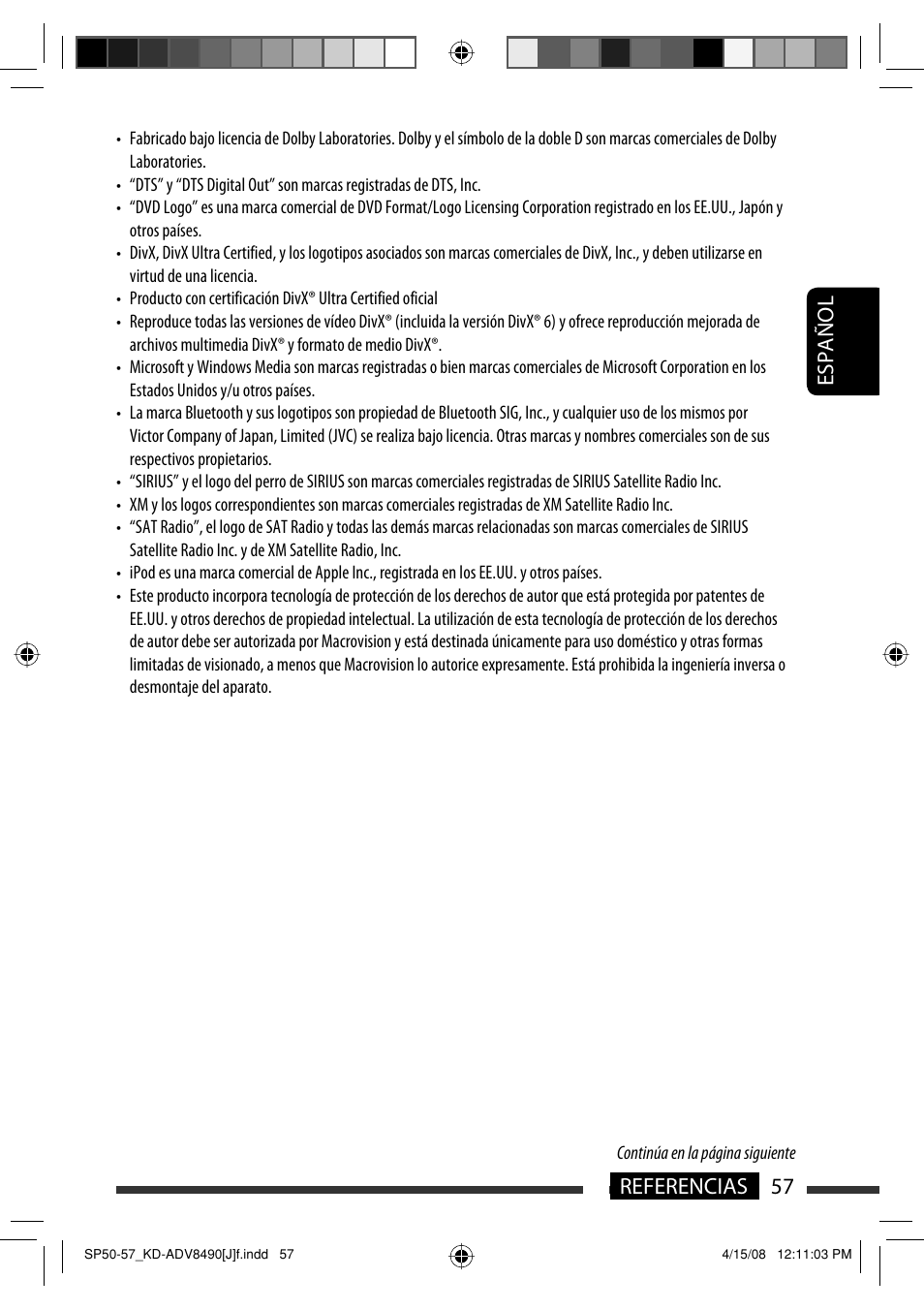 Español 57 referencias | JVC KD-ADV8490 User Manual | Page 123 / 201