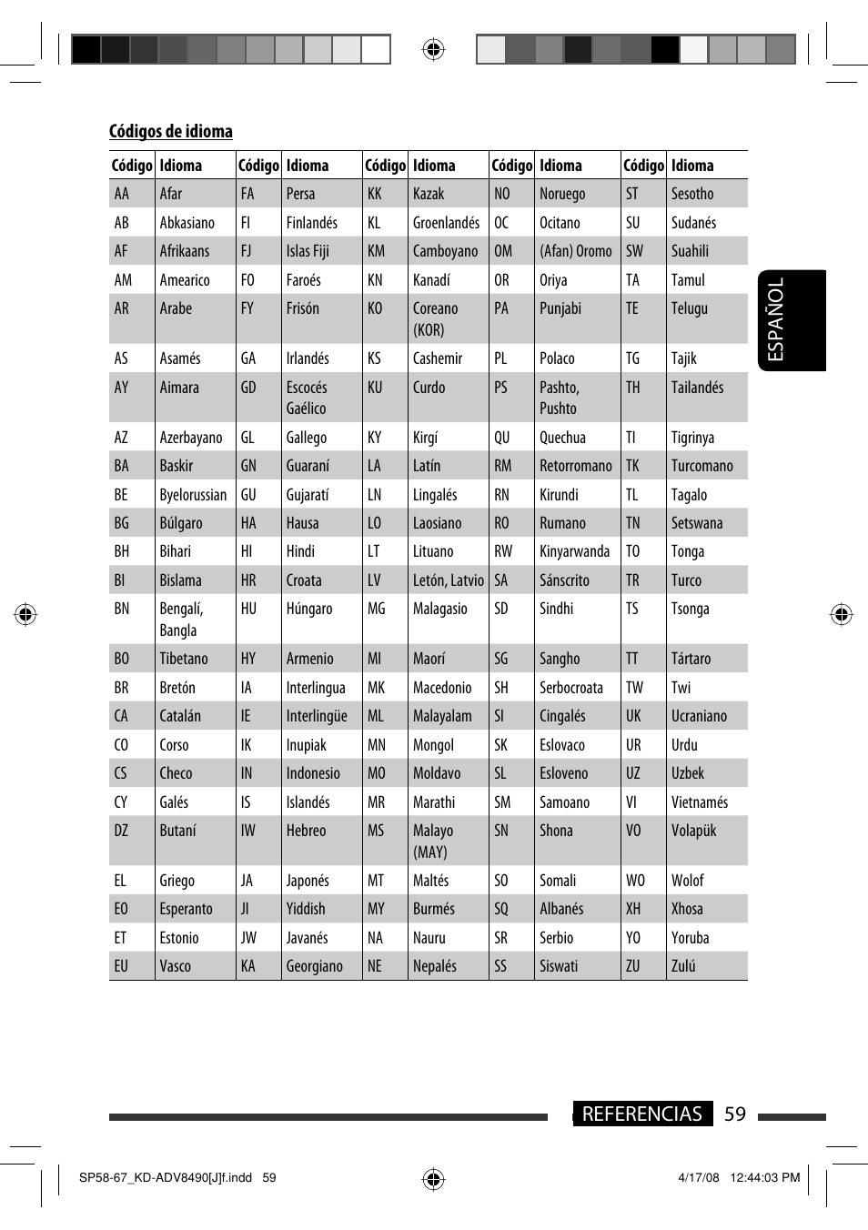 Español 59 referencias | JVC KD-ADV8490 User Manual | Page 125 / 201