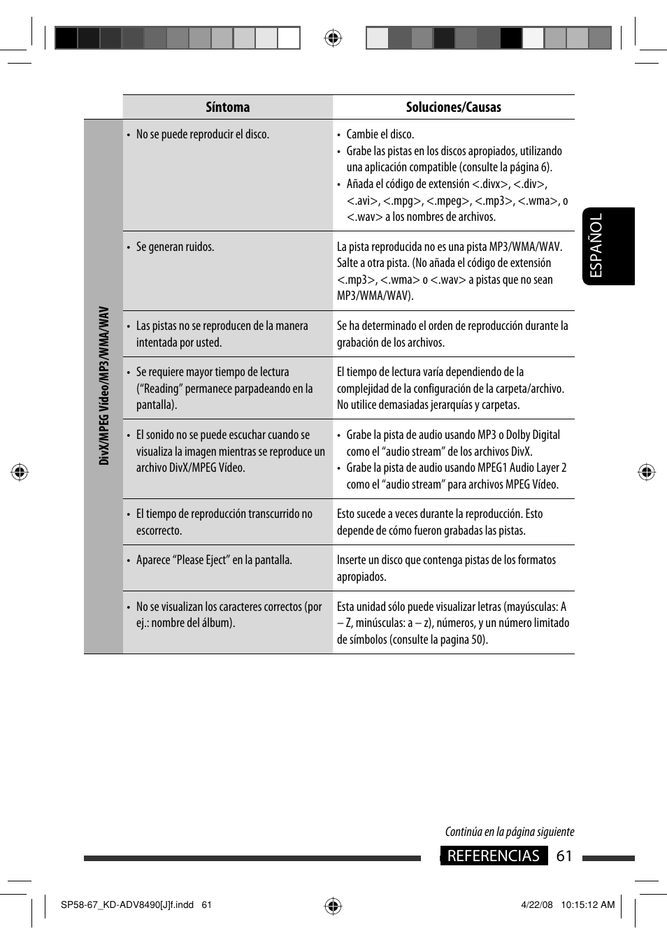 Español 61 referencias | JVC KD-ADV8490 User Manual | Page 127 / 201