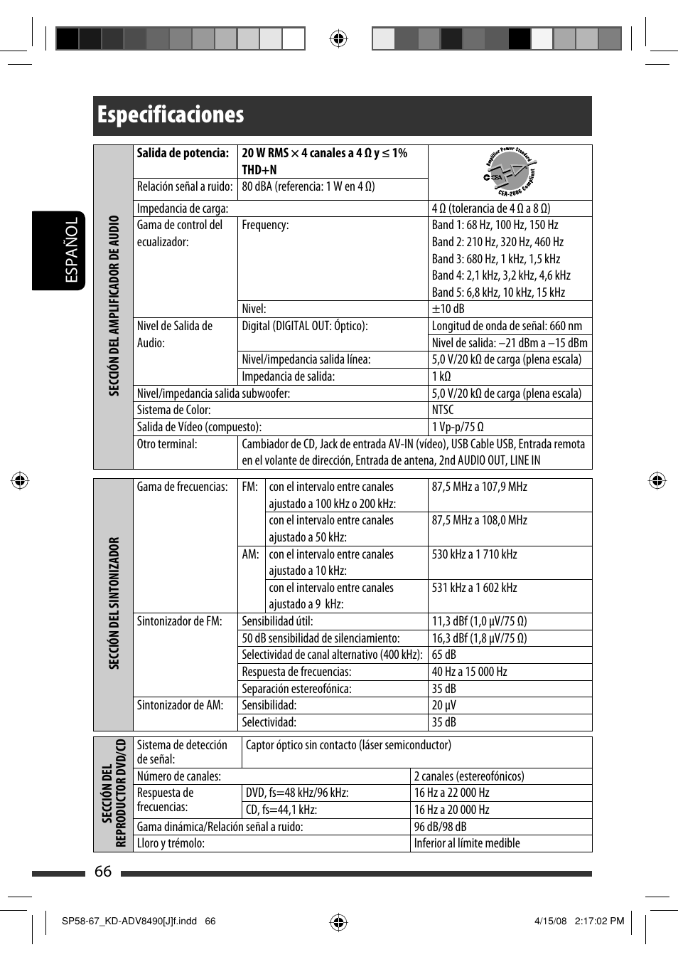 Especificaciones, Español 66 | JVC KD-ADV8490 User Manual | Page 132 / 201