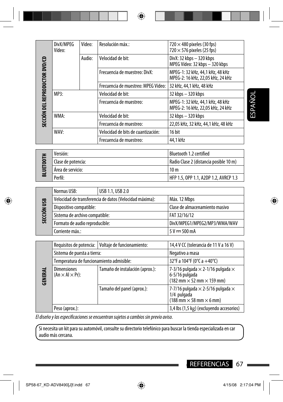 Español 67 referencias | JVC KD-ADV8490 User Manual | Page 133 / 201