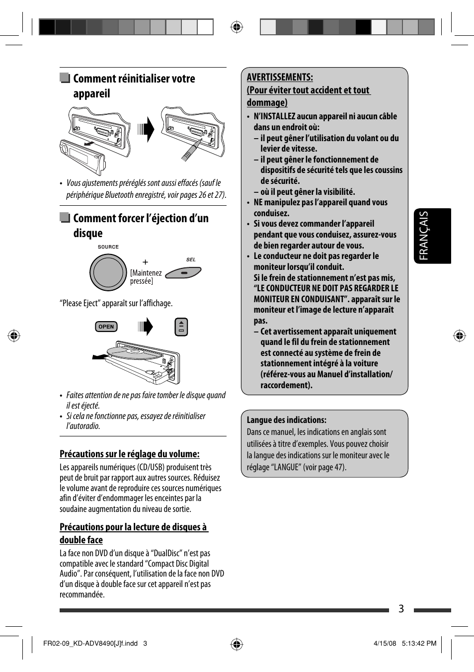 Comment réinitialiser votre appareil, Comment forcer l’éjection d’un disque, 3français | JVC KD-ADV8490 User Manual | Page 135 / 201