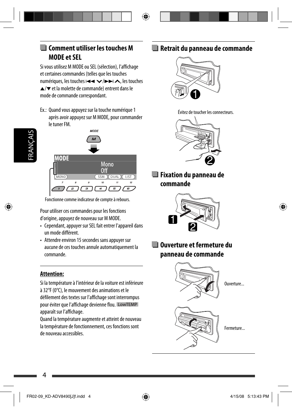 Comment utiliser les touches m mode et sel, 4français | JVC KD-ADV8490 User Manual | Page 136 / 201